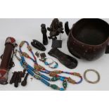 Group of African tribal artifacts to include Masai beadwork bamboo arrow holder,