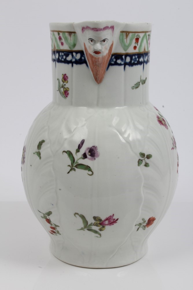 Large 18th century Worcester moulded cabbage leaf jug painted in the manner of Rogers, - Image 2 of 5