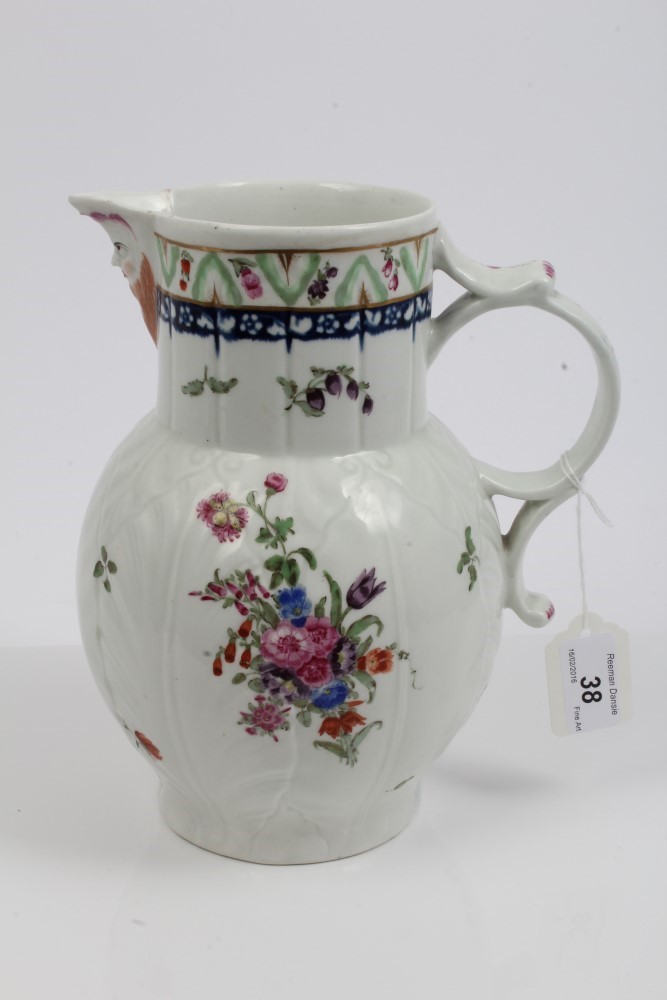 Large 18th century Worcester moulded cabbage leaf jug painted in the manner of Rogers, - Image 3 of 5