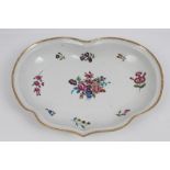 18th century Worcester kidney-shaped dish polychrome painted with scattered floral sprigs within