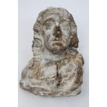 Antique weathered plaster bust of the poet John Milton,