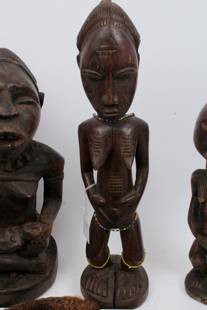 Group of African tribal sculptures including metal and shell mounted Dan mask, - Image 3 of 5
