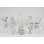 Pair George IV cut glass tea caddies / toilet bottles, various antique wines, glass funnel,