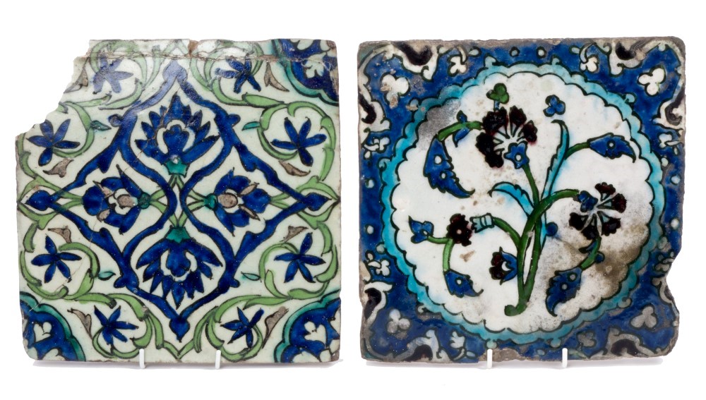 Two antique Iznik Ottoman glazed pottery tiles,