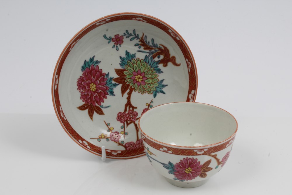 Very rare 18th century Worcester famille rose palette tea bowl and saucer painted in enamels with