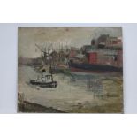 Caroline Hutchinson (British, mid-20th century), oil on board - Docks scene, 51cm x 61cm,