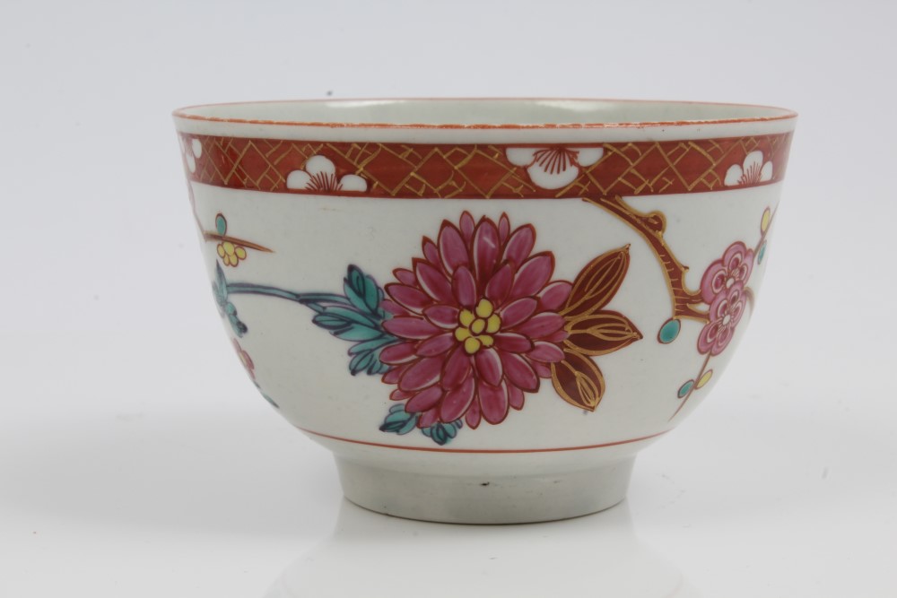 Very rare 18th century Worcester famille rose palette tea bowl and saucer painted in enamels with - Image 3 of 5