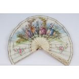 19th century French fan with painted lithography scene of card players in 18th century attire,