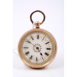 Late 19th century Swiss gold fob watch with button-wind movement and gilded enamel dial in engraved