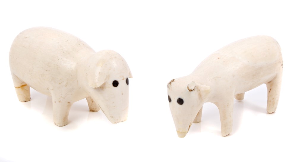 Two antique Inuit carved marine ivory figures of cattle with baleen inset eyes,