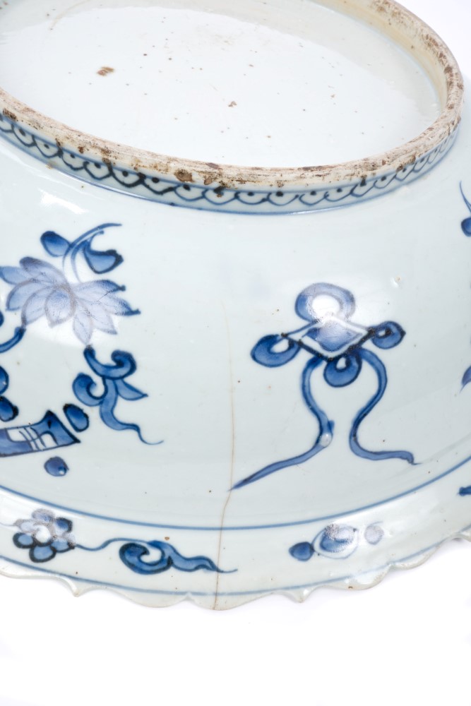 18th century Chinese export blue and white porcelain basin painted with pagoda in landscape, fish, - Image 4 of 4