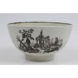 18th century Worcester Hancock black printed bowl decorated with classical ruins and figures and