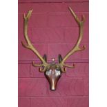 Impressive pair of six-point deer antlers mounted on carved hardwood deer's head trophy,