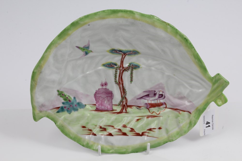 18th century Worcester cabbage leaf moulded dish with polychrome painted Valentine pattern