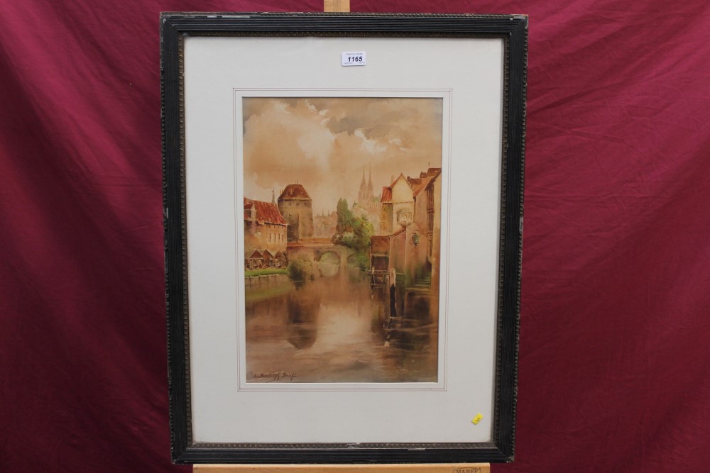 Louis Burleigh Bruhl (1861 - 1942), watercolour - river view Bruges, signed, in glazed frame,