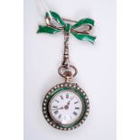 Late 19th century ladies' Swiss green guilloche enamel and seed pearl fob watch in silver gilt (800