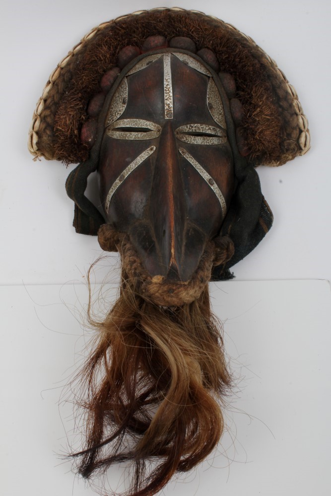 Group of African tribal sculptures including metal and shell mounted Dan mask, - Image 5 of 5
