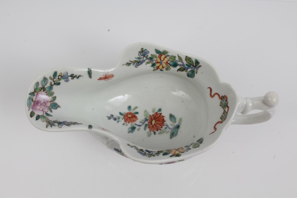 18th century Worcester porcelain pedestal sauce boat with moulded floral scrolls and cartouches and - Image 2 of 4