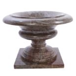 Variegated grey red marble pedestal urn of classical form, with shallow dish top,