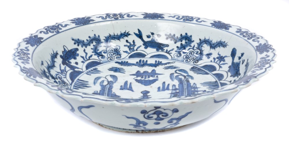 18th century Chinese export blue and white porcelain basin painted with pagoda in landscape, fish, - Image 2 of 4