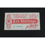 Banknote - Treasury - J. Bradbury - red on white (Emergency issue August 1914) Ten Shilling Note.