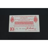 Banknote - Treasury - J. Bradbury - red on white (second issue January 1915) Ten Shilling Note.
