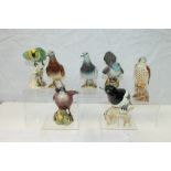 Seven Beswick birds - Parakeet 930, Kestrel 2316, Pigeon 1383A, Pigeon 1383B, Cuckoo 2315,