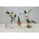 Five Beswick Ducks - Sheldrake rising 994, Sheldrake settling 995, Mallard Duck standing,