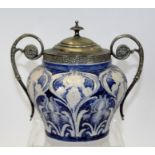 James Macintyre - Gesso Faience biscuit barrel with plated mounts and tube-lined Iris decoration,