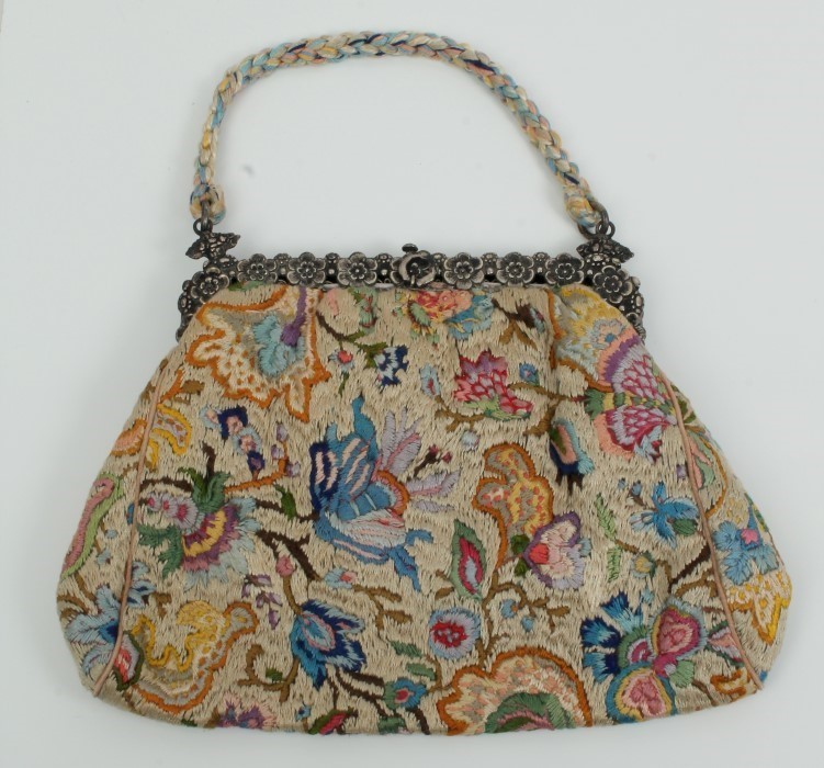 Ladies' vintage evening bag, German silver frame and crewel work embroidered bag,