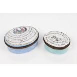 Early 19th century pale blue enamel oval patch box with painted Romantic scene and verse to lid,