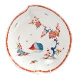 18th century Bow porcelain leaf-shaped dish with Kakiemon palette 'two quail' pattern decoration,