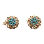 Pair of turquoise flower-head cluster earrings in yellow metal mount,