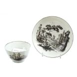 18th century Worcester Hancock printed tea bowl and saucer decorated with classical ruins,