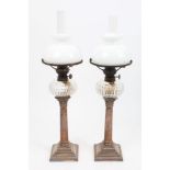 Pair Victorian silver plated Peg lamps with opaque glass shades, cut glass reservoirs,