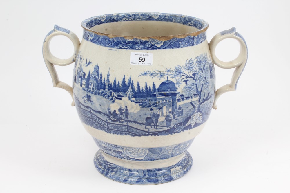 Large early 19th century English blue and white two-handled jar with printed figures in country