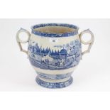 Large early 19th century English blue and white two-handled jar with printed figures in country