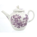 18th century Worcester Hancock purple printed teapot and cover with flower-head knop and Two