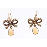 Pair Edwardian-style gold (9ct) opal and seed pearl pendant earrings,