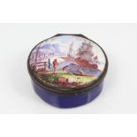 Late 18th century blue enamel circular snuff box, the lid painted with a harbour view,