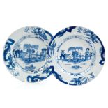 Pair 18th century English Delft plates, probably Bristol, circa 1760, painted with chinoiserie, 23.