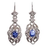 Pair of sapphire and diamond pendant earrings,