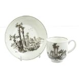 18th century Worcester Hancock printed coffee cup and saucer decorated with classical ruins,