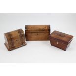 Victorian inlaid walnut dome-topped tea caddy with parquetry inlaid bands,