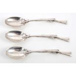 Set of three First World War period silver spoons with stems modelled as SMLE rifles (Birmingham