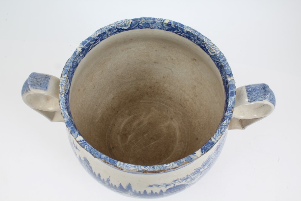 Large early 19th century English blue and white two-handled jar with printed figures in country - Image 6 of 8