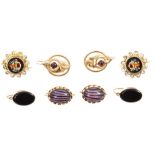 Four pairs of yellow metal and gem set earrings - to include Italian micromosaic