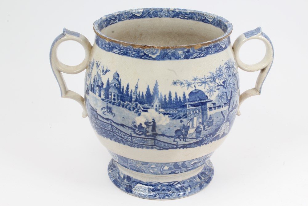 Large early 19th century English blue and white two-handled jar with printed figures in country - Image 4 of 8