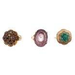 Three gold and gem set dress rings