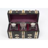 Good quality Victorian embossed leather scent casket with key and brass,